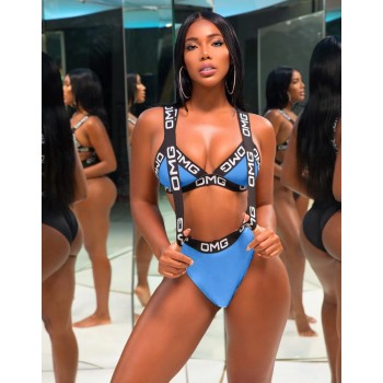 Hollow Out Summer Letter Print Bandage Rompers Bikini 2 Pieces Sets